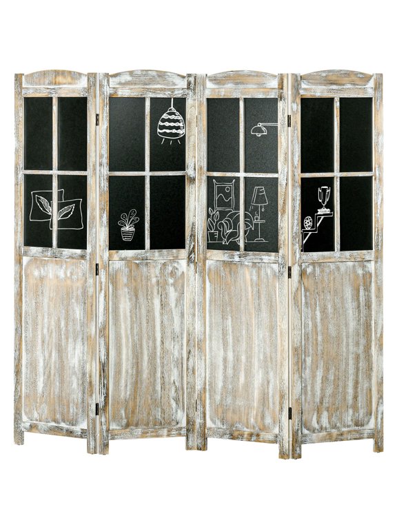 Room Divider, 4-Panel Farmhouse Style Folding Privacy Screen, Natural Paulownia Wood with Black Boards for Home Office and Living Room