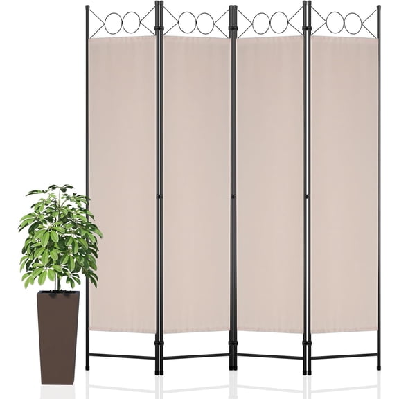 Room Divider, 4 Panel Folding Privacy Screen, 6FT Steel Frame Room Dividers Free Assembled Freestanding Portable Decorative Partition for Home Office Restaurant Bedroom, Tan