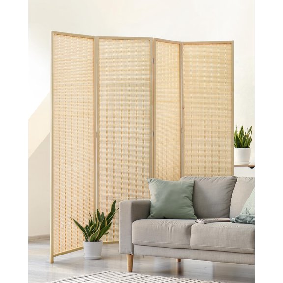 Room Divider 4 Panel Folding Privacy Screen, Bamboo Room Divider Screen - 6 ft. Tall Wall Divider for Room Separation Freestanding Partition Separators, Beige
