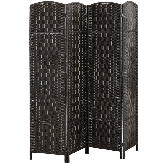 Room Divider, 4 Panel Folding Privacy Screen with Diamond Rattan Weave and Arched Top, 70.9" H Poplar Wood Portable Partition Wall for Bedroom and Home Office, Coffee Color