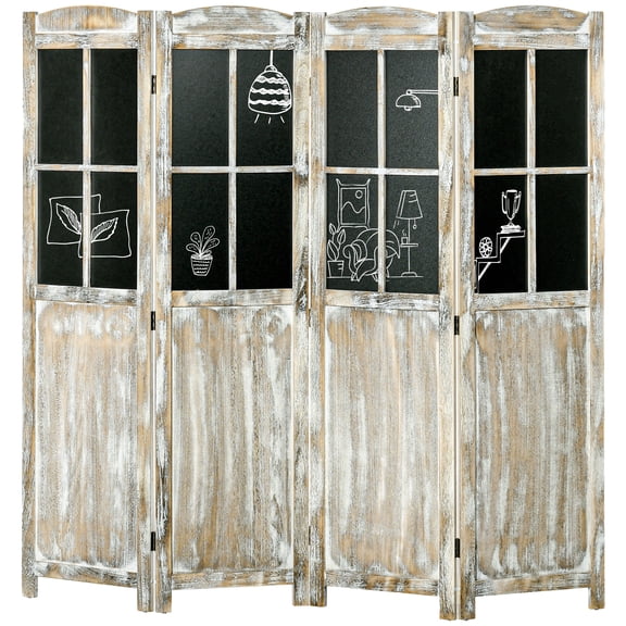 Room Divider, 4 Panel Folding Privacy Screen made of Paulownia Wood with Black Boards, 70.75" W x 69.75" H Farmhouse Partition Wall for Home Office and Living Room, Natural Wood Finish