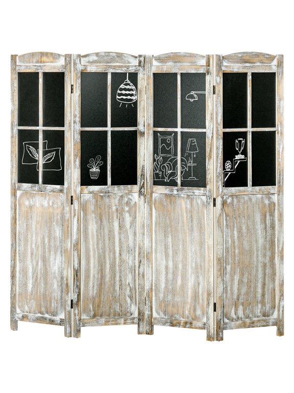 Room Divider, 4 Panel Folding Privacy Screen made of Paulownia Wood with Black Boards, 70.75" W x 69.75" H Farmhouse Partition Wall for Home Office and Living Room, Natural Wood Finish