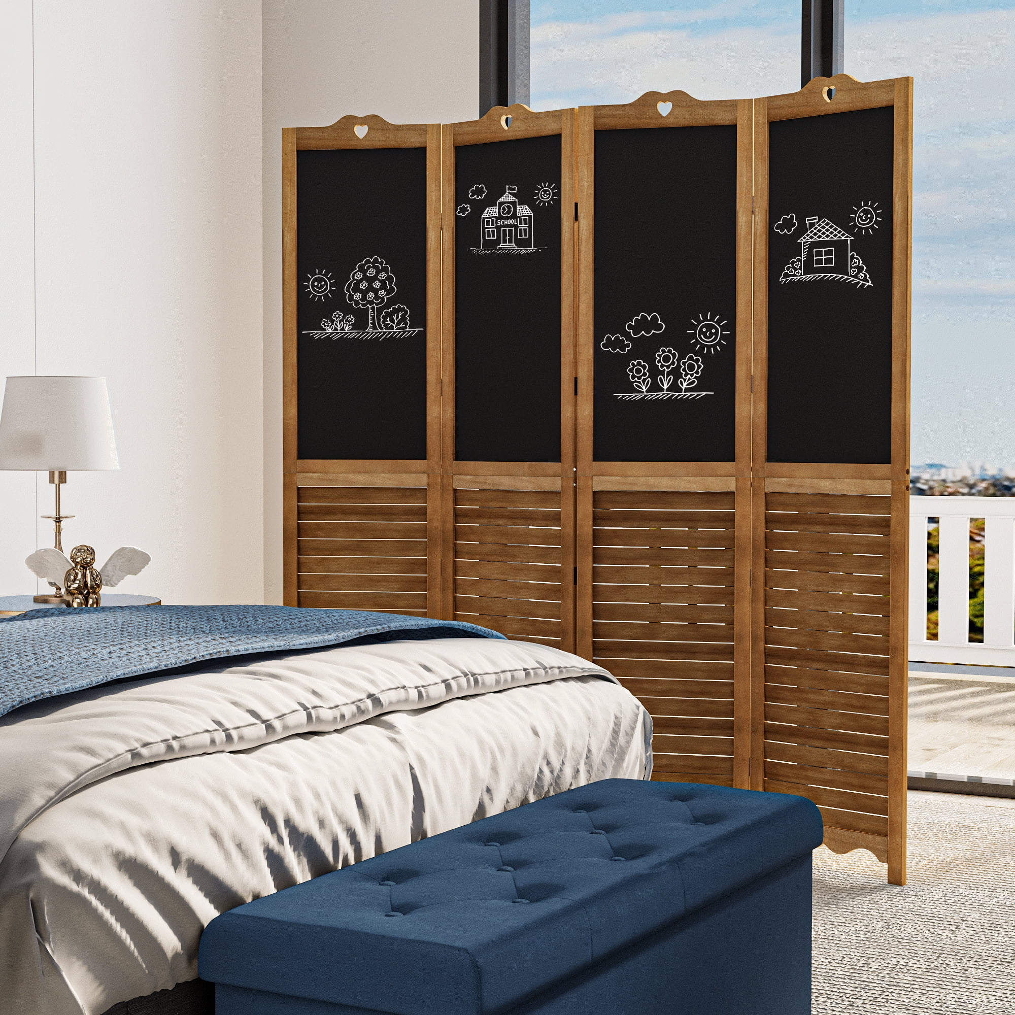 Room Divider, 4 Panel Folding Privacy Screens with MDF Chalkboard