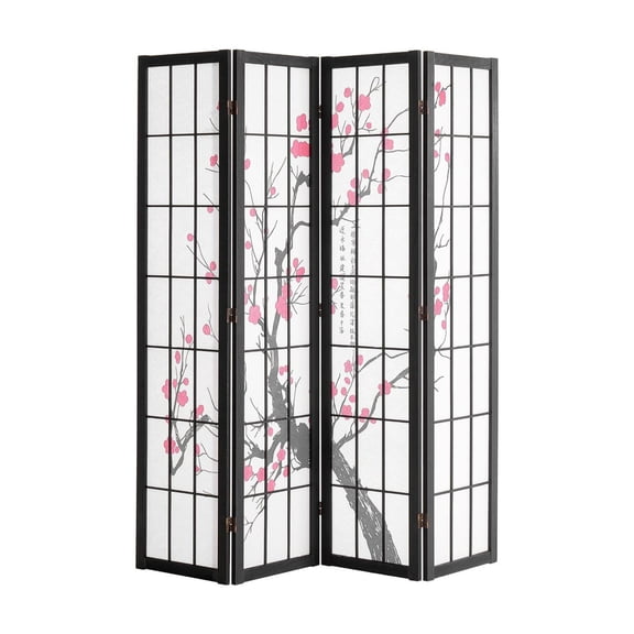 Room Divider 4 Panel, Japanese Screen Wood Folding Privacy Partition, Portable Decor for Home Office Bedroom, 64" Cherry Blossom Design