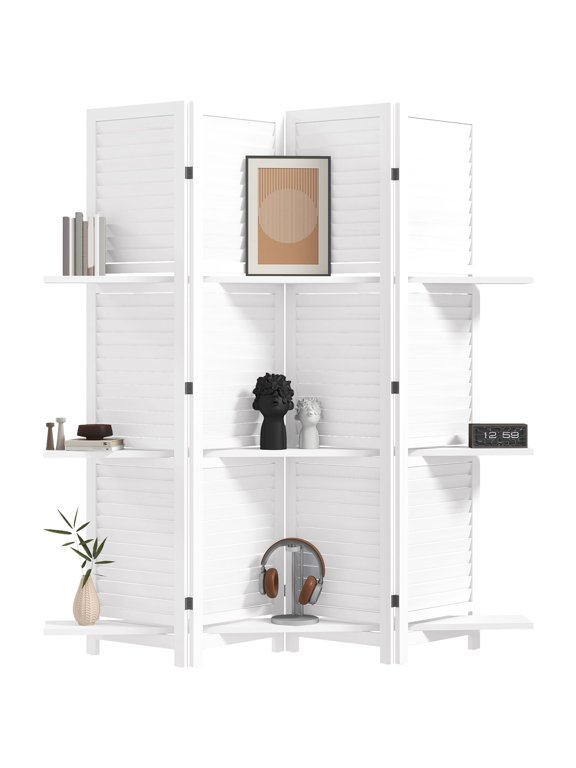 Room Divider 4-Panel Paulownia Wood Folding Screen with 3 Removable Shelves, Shutter Design, White, 160x170cm for Bedroom or Office