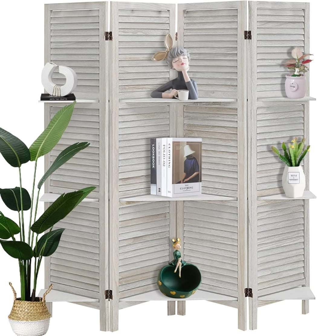 Room Divider 4 Panel, White Room Divider with Shelves, Wall Room