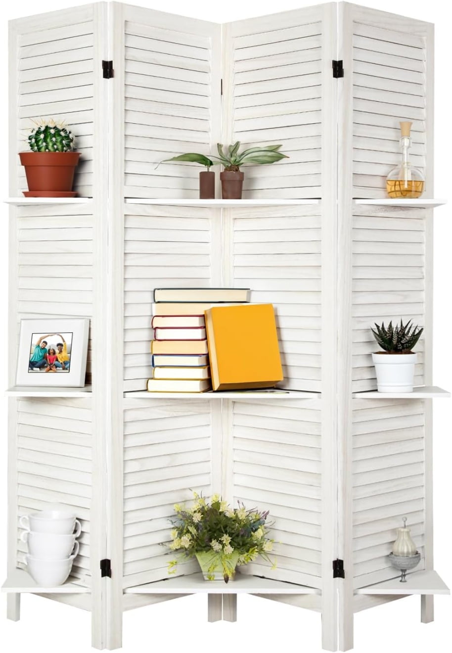 Room Divider 4 Panel, White Room Divider with Shelves, Wall Room