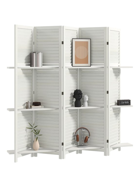 Room Divider 5-Panel Paulownia Wood Privacy Screen with 3 Removable Shelves, 67" Tall Louvered Folding Partition for Living Room or Office, White