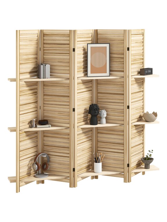 Room Divider 5-Panel Paulownia Wood Privacy Screen with 3 Removable Shelves, 78.75" L x 67" H, Natural Wood for Living Room or Office