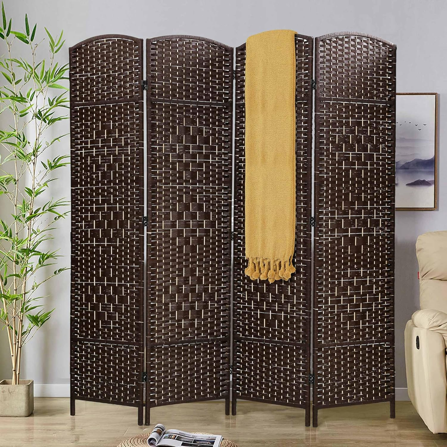 6-Panel Wicker Privacy Screen - Arched Top, Poplar Wood Frame, Natural & White Design