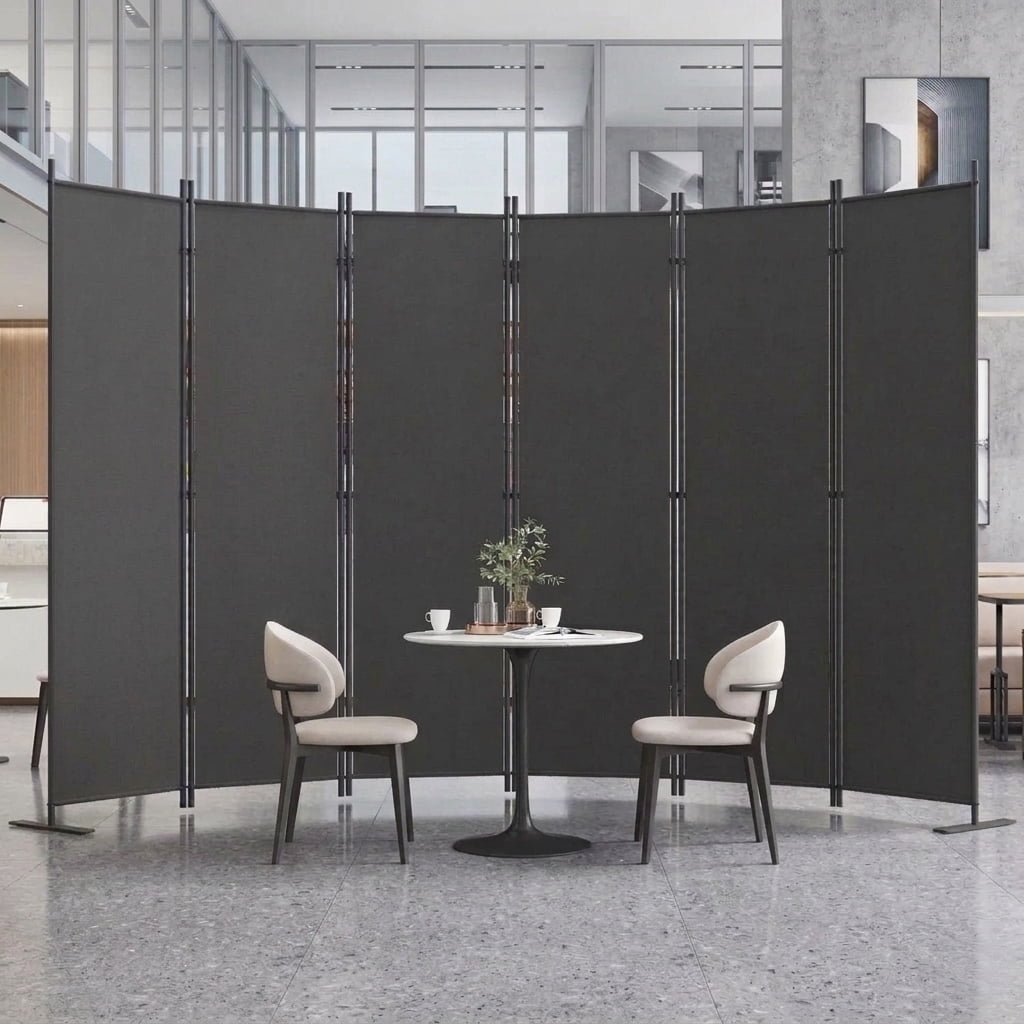Room Divider 6-Panel -120" W × 71 "H Folding Privacy Screen for Indoor Space, Heavy-Duty Metal Frame & Polyester Fabric Portable Freestanding Partition for Bedroom,Office & Living Room-Black Gray