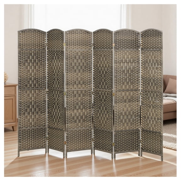 Room Divider 6 Panel, 6' Tall Folding Screen - Freestanding Wood Partition for Home Office - Dark Rustic Oak