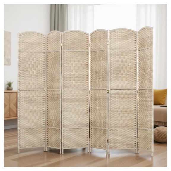 Room Divider 6 Panel 6' Tall - Freestanding Wood Partition for Home Office - Washed Oak Privacy Screen