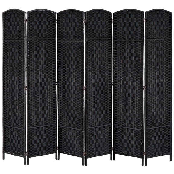 Room Divider, 6-Panel Folding Privacy Screen with Poplar Wood Frame and Black Paper Rope Diamond Weave, 6FT Tall Freestanding Partition with 360 Hinges for Bedroom and Living Room