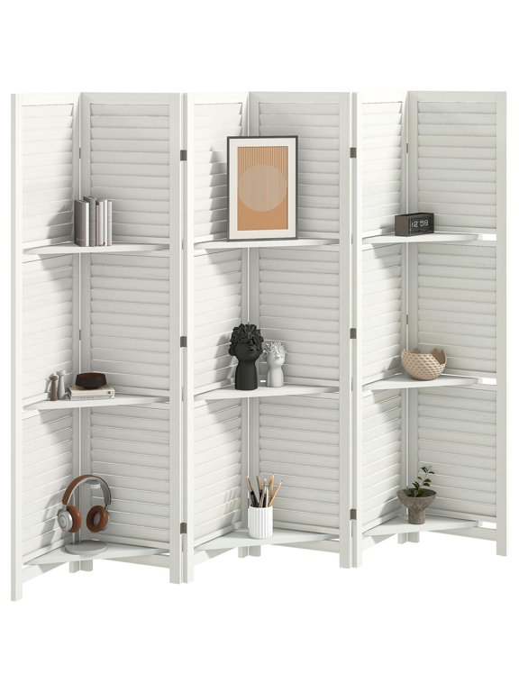 Room Divider 6-Panel Paulownia Wood Privacy Screen with 3 Removable Shelves, 94.5" L x 67" H, White, for Living Room and Office