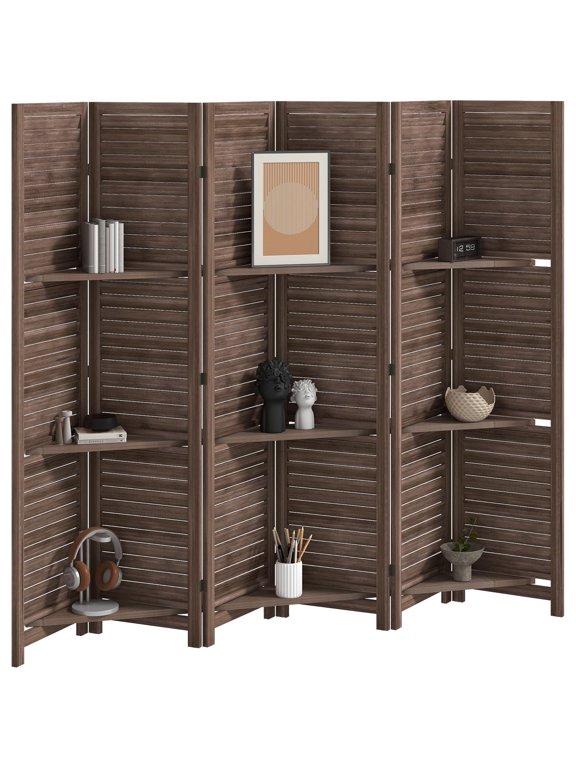 Room Divider 6-Panel Paulownia Wood Privacy Screen with 3 Removable Shelves, Louvered Slat Design, Walnut, 94.5"L x 67"H