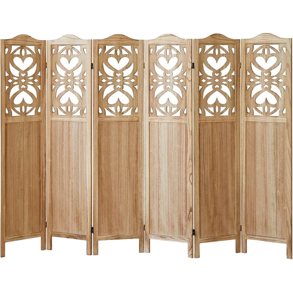 Room Divider, 6 Panel Wood Room Divider Wall, Carved Vault Room Dividers, Rustic Minimalism Room Partition, 5.6Ft Room Dividers and Folding Privacy Screens, Light Brown