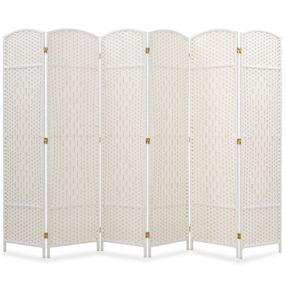 Room Divider 6 Panels Wood Weave Folding Patio Privacy Screen Fence Partition Panel Wall Divider for Room Freestanding Double Hinged, Off White