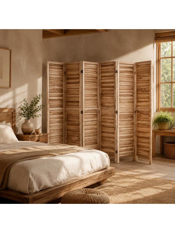 Room Divider, 6-panel folding privacy screen, 66.9 inches tall, paulownia wood, indoor partition