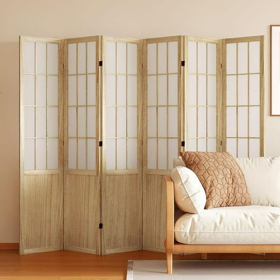 Room Divider, 66.9Inch Tall Japanese Shoji Style Folding Wood Screen with Double Hinges for Home Office Bedroom Hotel Decoration (6Panels, Natural)