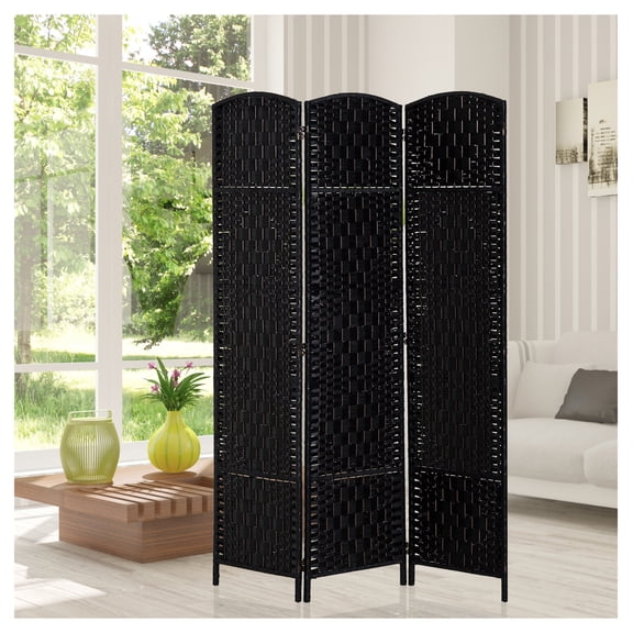 Room Divider 6FT Tall, 3 Panel Folding Screen - Black Paper Rope Weave, Freestanding Privacy Partition for Room Separation, Adjustable Diamond Design