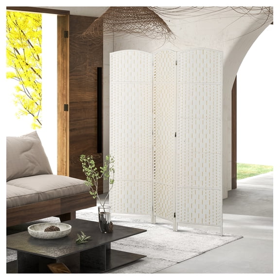 Room Divider 6FT Tall, 3 Panel Folding Screen, Wicker Partition for Bedroom - White