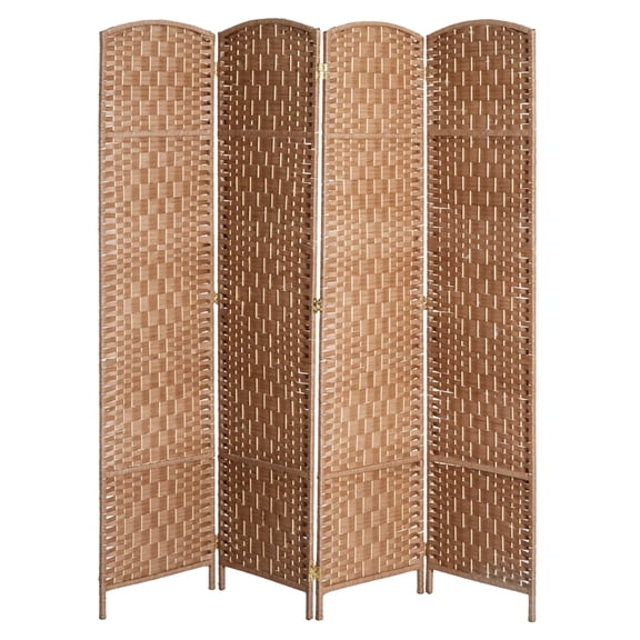 Room Divider 6FT Tall, 4 Panel Folding Privacy Screen, Freestanding Woven Partition, Paper Rope Diamond Weave, Natural Wood Finish