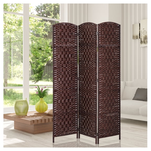Room Divider 6ft Tall, 3 Panel Folding Screen, Woven Partition - Brown