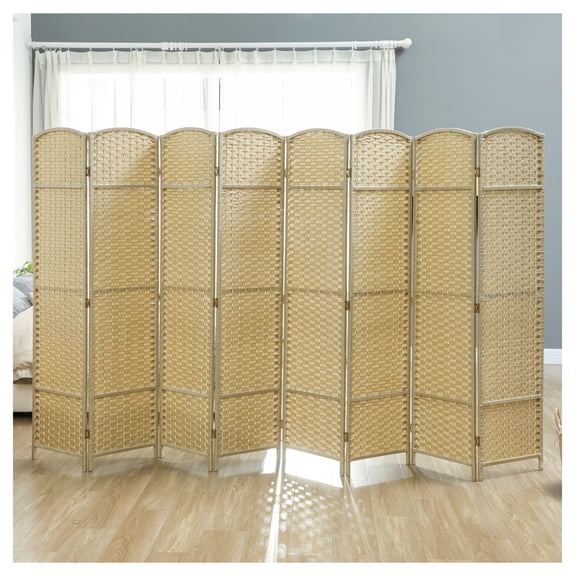 Room Divider 8 Panel, 5.6ft Tall Freestanding Privacy Screen - Beige Partition for Home Office, Portable Folding Screen, Polypropylene & Pine Wood