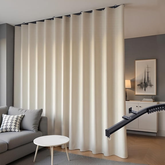 Room Divider Blackout Curtains & Ceiling Curtain Track Set Wall Mount Extra Wide Track Curtains Flexible Sliding Curtain Rod Room Separation PrivacyW 108 x H 84 in Beige Drape & Black Rail