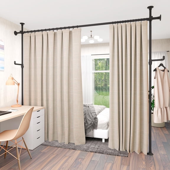 Room Divider Curtain Rod No Drilling, 4-10ft (W) x 4-10ft (H) Room Partition with Hanging Hooks, Floor to Ceiling Divider for Room Separation, Adjustable Heavy Duty Tension Rods, Black