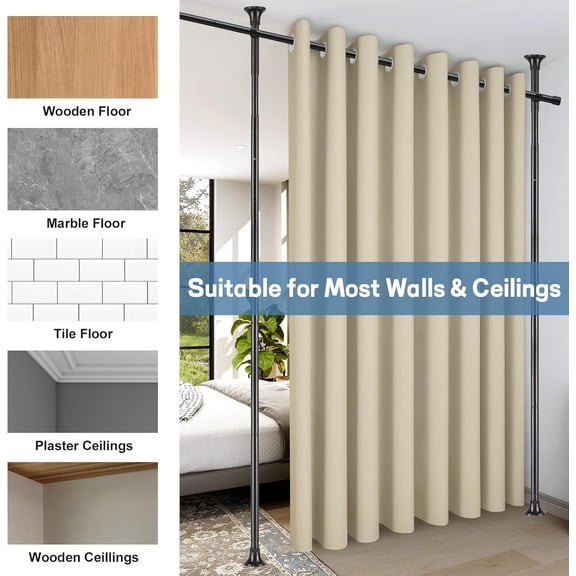 Room Divider Curtain Rod Floor to Ceiling, Adjustable 48-120 Inch Height 28-144 Inch Width, No Drill Heavy Duty Partition Rod for Hanging Room Divider Curtains, Privacy Space Separator, Black