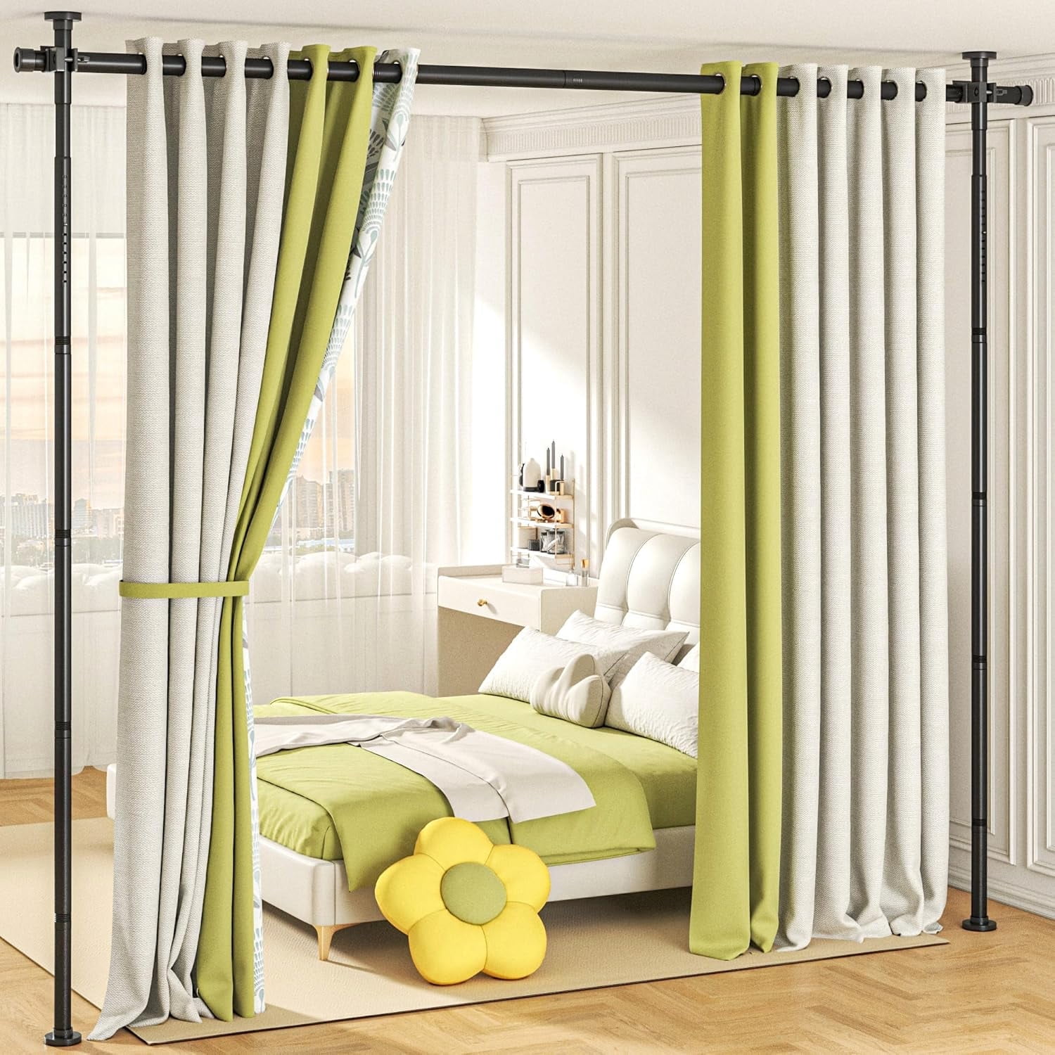Room Divider Curtain Rods No Drilling, Adjustable 4-11ft(H) 28-117”(W) Wall Divider for Room Separation, Temporary Privacy Tension Curtain Rods, Black