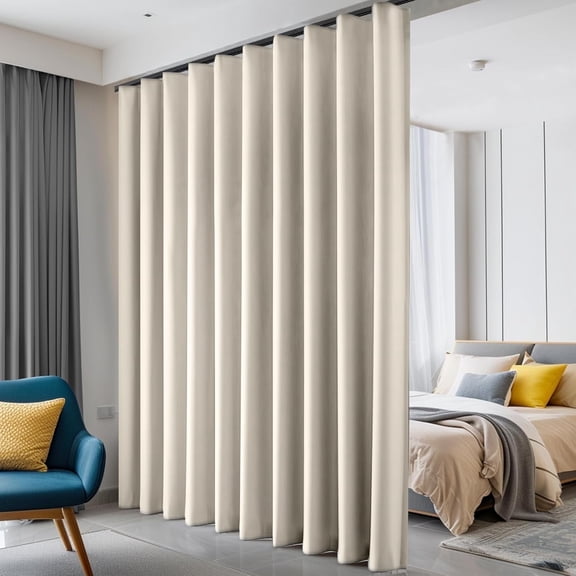 Room Divider Curtains, Blackout Ceiling Track Curtains with Hook Sound Proof Floor Curtains Perfect for Ceiling Mount Curtain Tracks Wall Divider for Room Separation(Beige, W100 x H96)