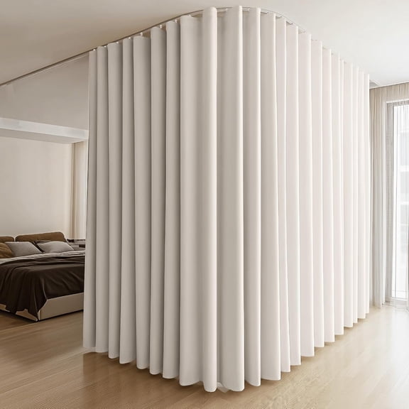 Room Divider Curtains & Flexible Bendable Tracks Set,Privacy Dividers Ceiling Track Curtain Window Blackout Curtains for Living Room Bedroom (W100 × H84 in 1 Panel Beige Drape & White Rail)