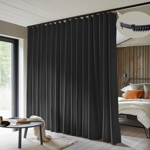 Room Divider Curtains with Flexible Ceiling Curtain Tracks Set,100% Blackout Floor to Ceiling Curtains Patio Sliding Door Curtains (Black Drape & Black Rail W 8.3 × H 7 FT)