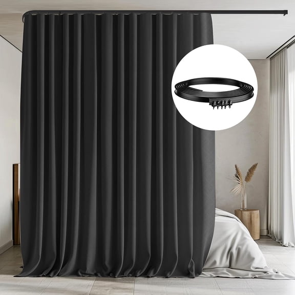 Room Divider Curtains with Flexible Ceiling Tracks Set,Blackout Curtain Ceiling Mount Curtain Track Privacy Room Dividers Ceiling Track Curtain Rod(Black Drape & Black Rail W 8.3 H 7 FT)