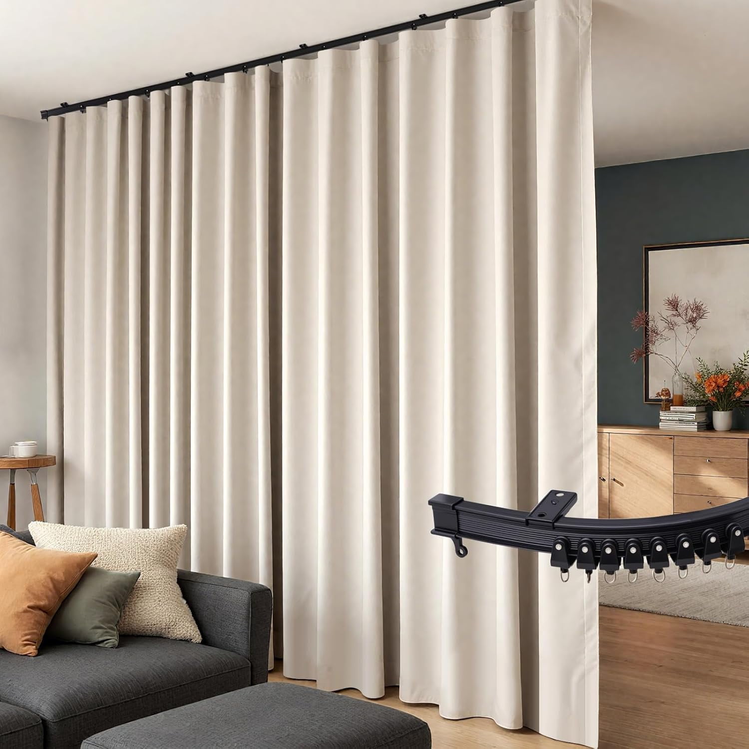 Room Divider Curtains Flexible Ceiling Tracks Set Curtain Track Ceiling Mount Blackout Curtain for Living Room Bedroom Ceiling Curtain Rod Privacy Dividers Panels W100 x H96 Beige Drape & Black Rail