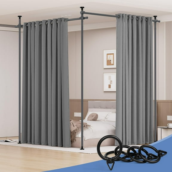 Room Divider Curtains Rods No Drilling, 4-10Ft(H) Room Divider Panel Screen for Room Separation, Freestanding Wall Divider Tension Curtain Stand, Adjustable Room Separator Privacy Screens, Grey