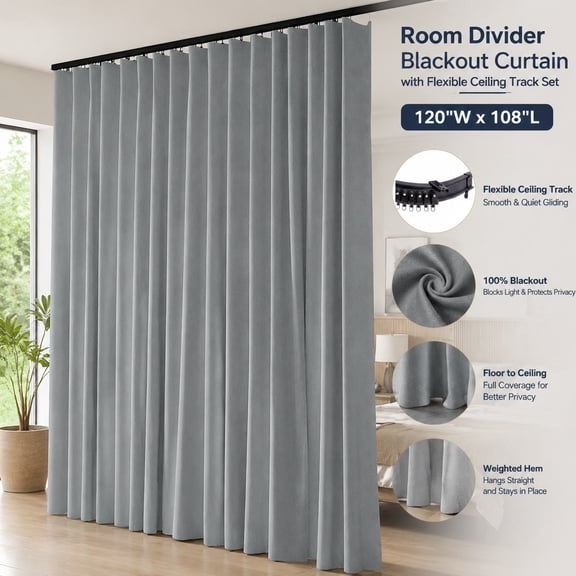 Room Divider Curtains with Flexible Ceiling Track Set, 100% Blackout Floor to Ceiling Patio Sliding Door Drapes, Grey, 10 x 9 FT