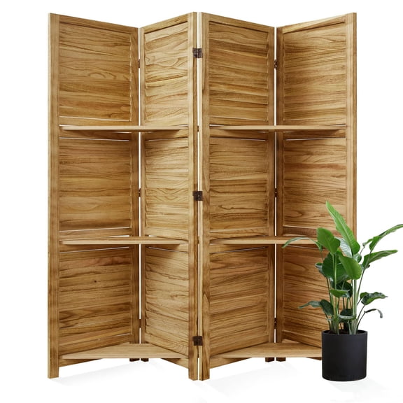 Room Divider Folding Partition Screen 67 Inch Tall Wood Privacy Room Divider with 3 Display Shelves for Home Office Study Art Display