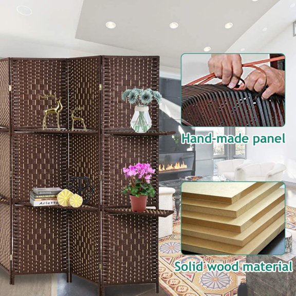 Room Divider Folding Portable Privacy Wooden Screen 4 Panel Partition Wall Indoor Outdoor with Dual-Sided Hinges & 2 Removable Display Shelves for Home Office Brown