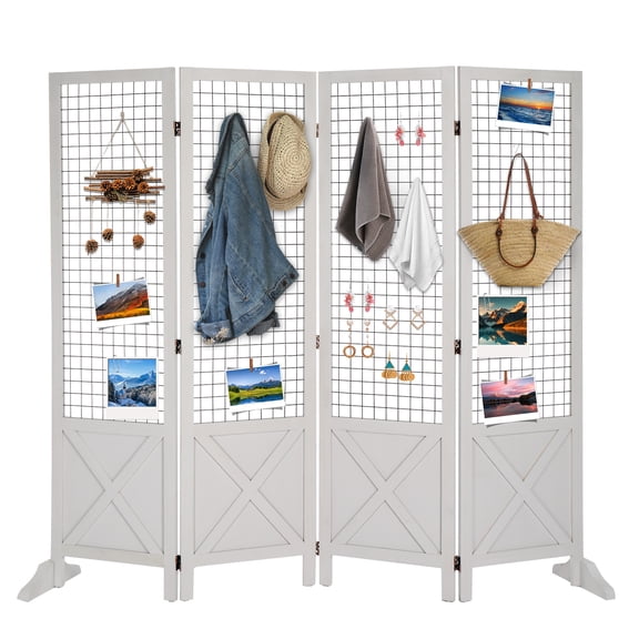 Room Divider Freestanding Grid Wall, 4 Panel Folding Display Board Organizer with Base Feet, Decorative Wooden Frame Wire Grid Screens for Craft Shows Events Retail