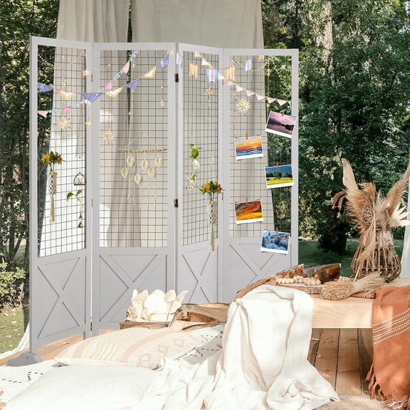 Room Divider Freestanding Gridwall, 4 Panel Folding Display Board Organizer with Base Feet, Decorative Wooden Frame Wire Grid Screens for Craft Shows Events Retail (White, 5.5'×6')