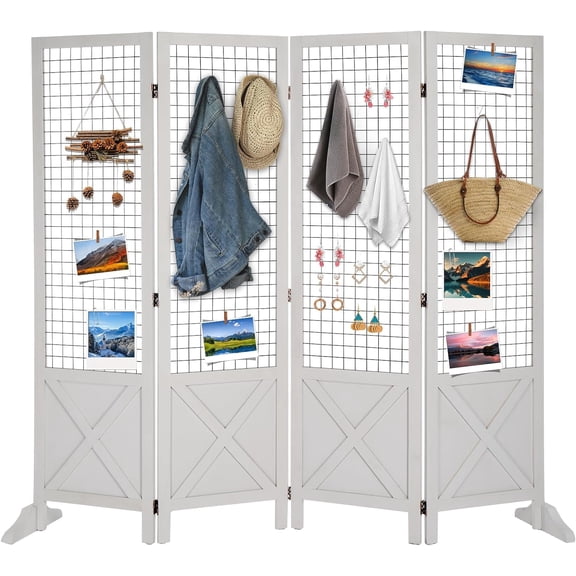 Room Divider Freestanding Gridwall, 4 Panel Folding Display Board Organizer with Base Feet, Decorative Wooden Frame Wire Grid Screens for Craft Shows Events Retail (White, 5.5'6')