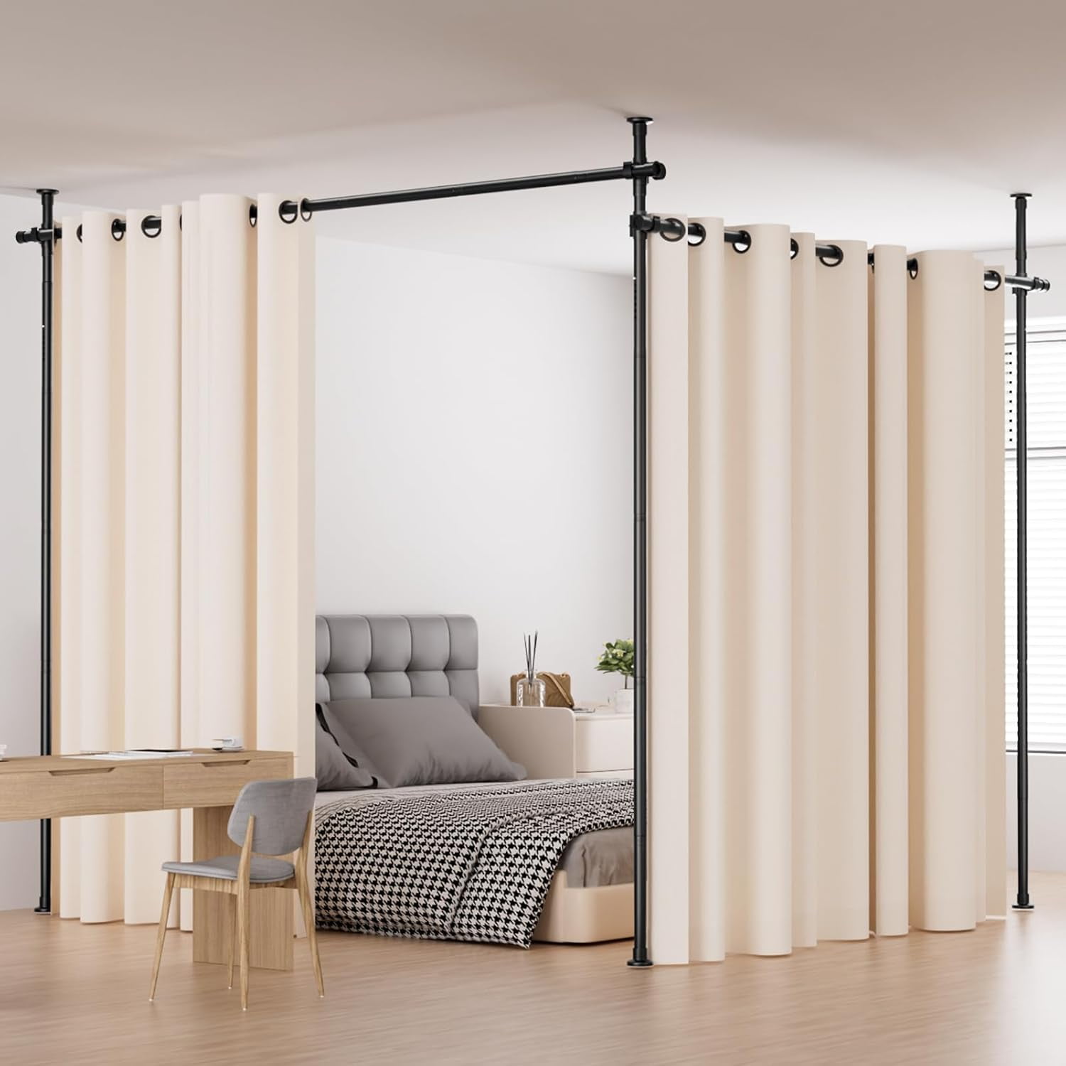 Room Divider, Height and Width Adjustable No Drilling Curtain Rod ...
