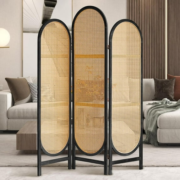 Room Divider Panel, 3 Panel Roomdivider Wall, Wood Room Dividers and Folding Privacy Screens, Rattan Partition Room Dividers, Privacy Dividers for Rooms, Bedroom, Dining Room, Black