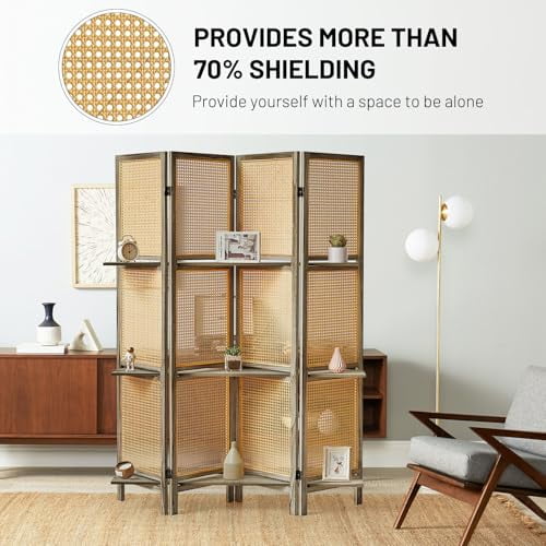 Room Divider Panel, 4 Panel Rattan Room Divier with Shelf, Room Divider ...
