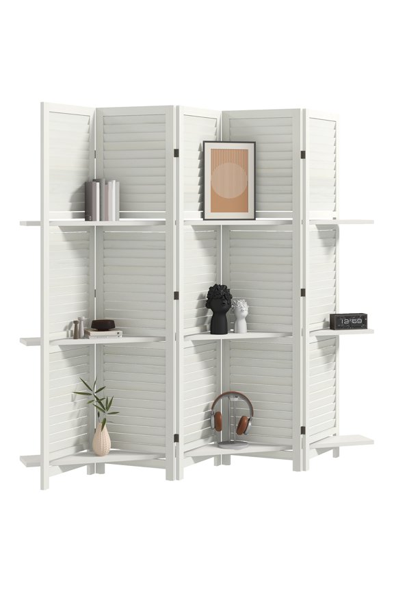 Room Divider Privacy Screen, 5 Panel Paulownia Wood Folding Partition with 3 Removable Display Shelves, 67" H x 78.75" L, Louvered Slat Design for Living Room, Office and Bedroom, White