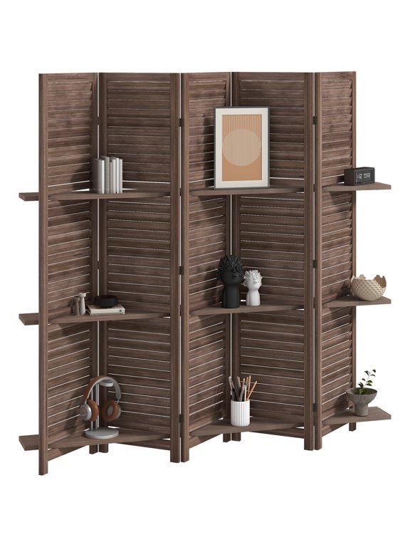 Room Divider 5 Panel Paulownia Wood Privacy Screen with 3 Removable Shelves and Louvered Slat Design, Walnut, 78.75" L x 67" H